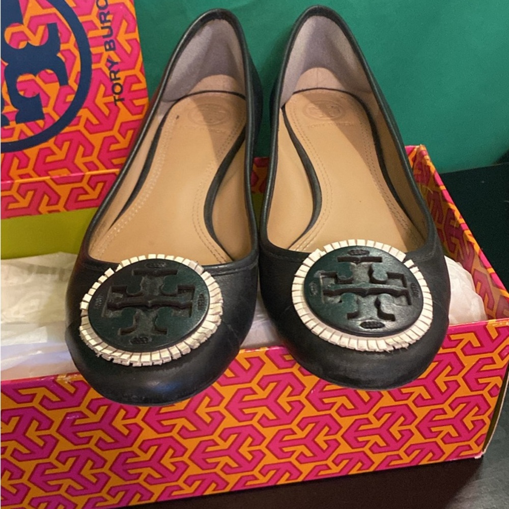 Tory Burch Black Flats with Silver Emblem